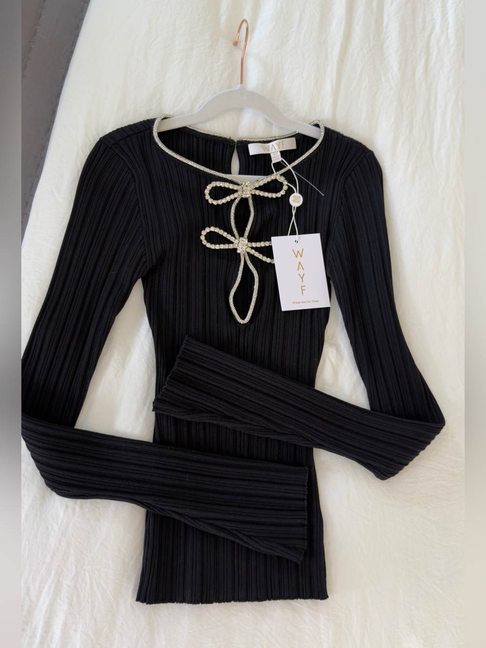 WAYF Rhinestone Bow Ribbed Long Sleeve Top - NWT